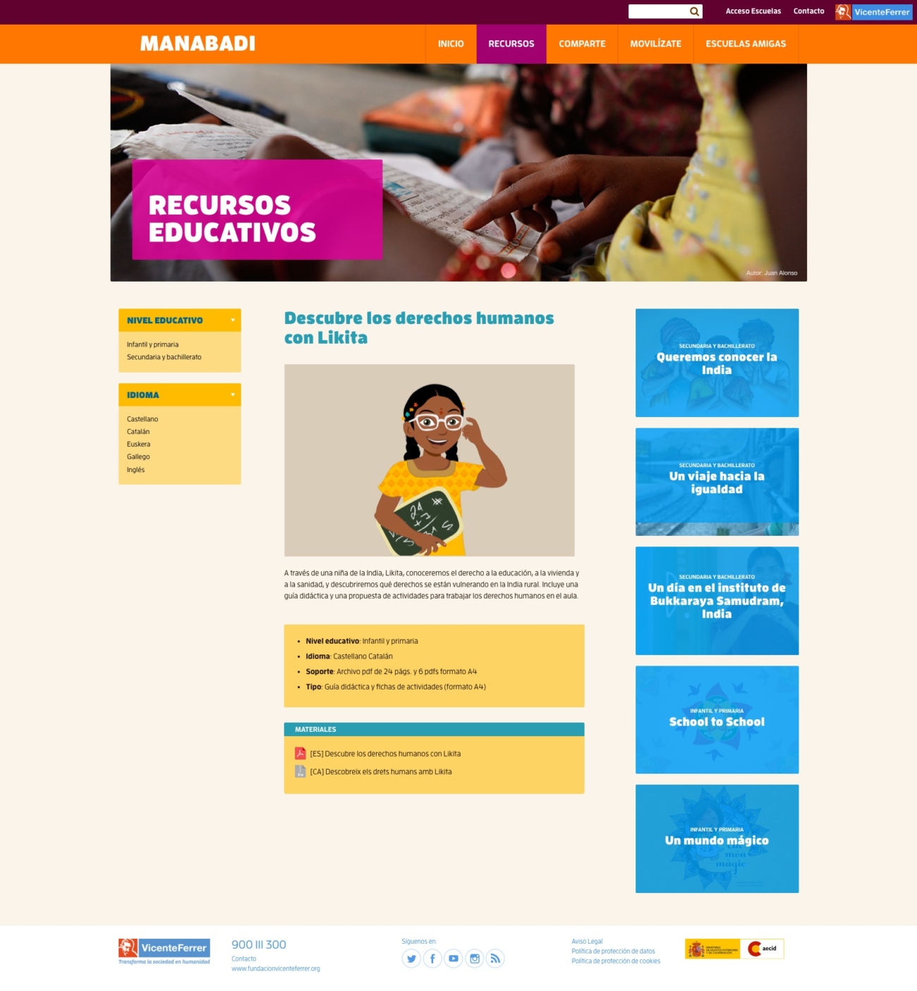 Web Manabadi. Fundación Vicente Ferrer